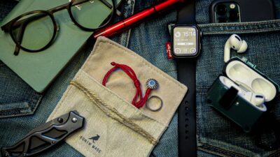 Meticulously organized flat lay showcasing everyday carry essentials on denim